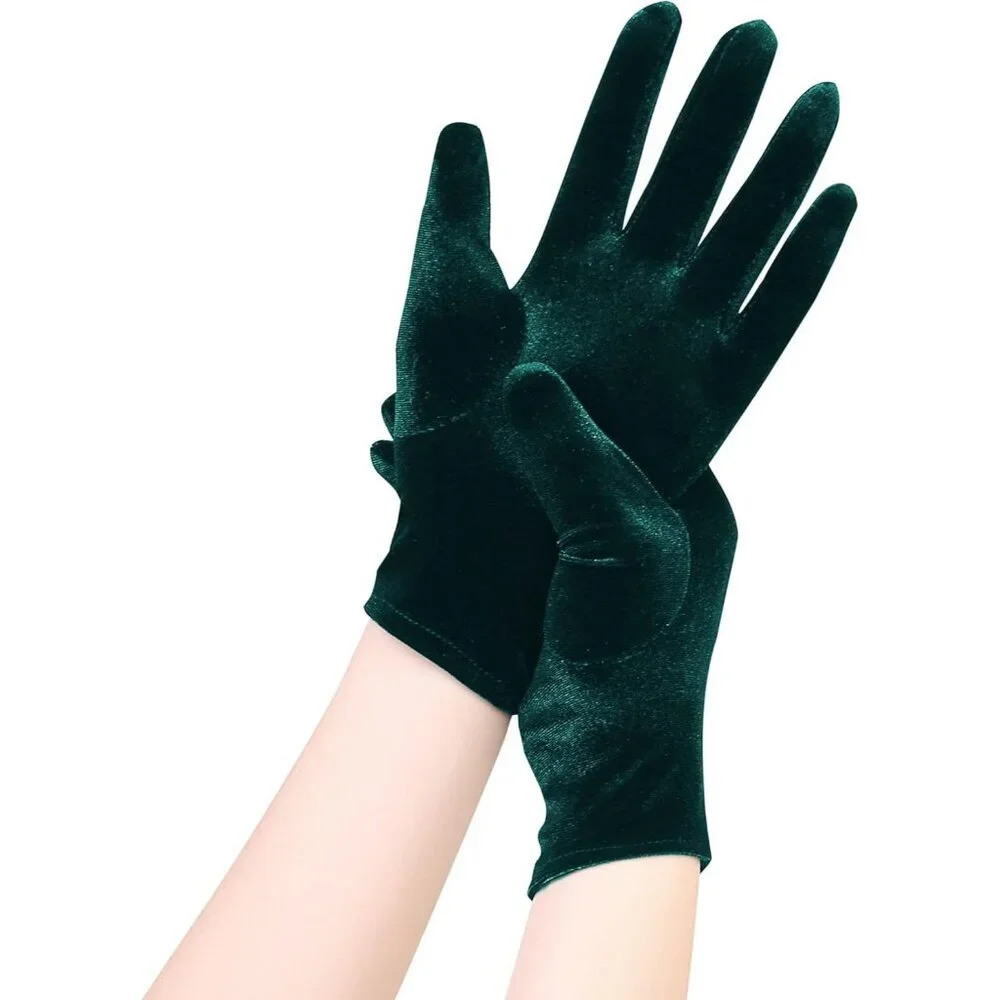 Women's Dark Green Velvet Short Satin Gloves Style Wrist Flapper Banquet